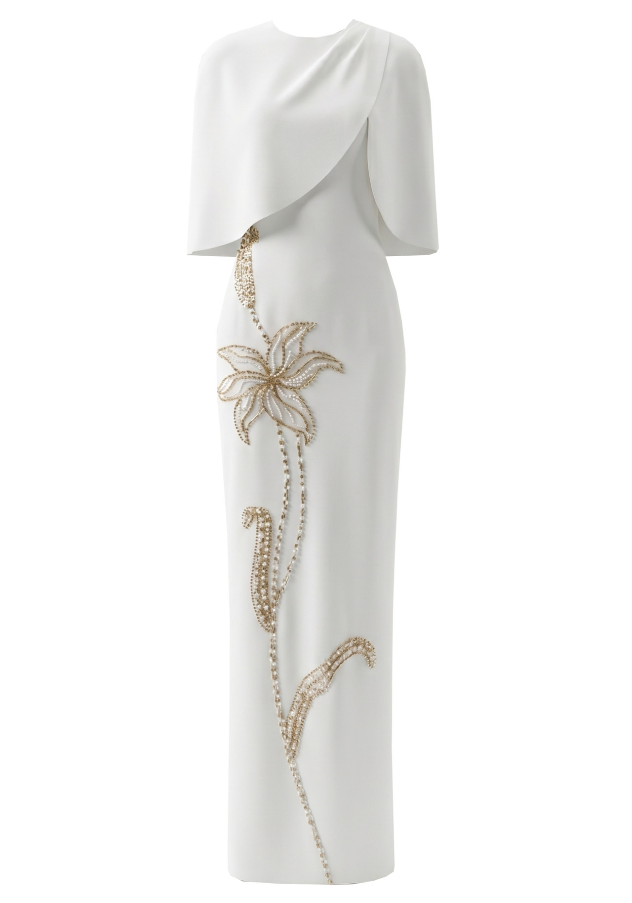 Cape Detail Floral Embellished Maxi Dress White 9
