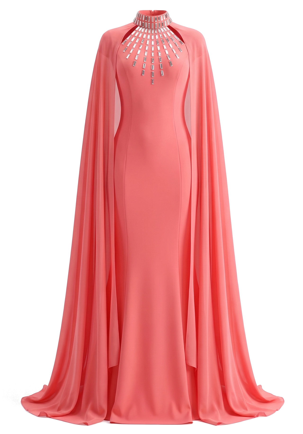 Cape Embellished Maxi Dress Coral Red 9