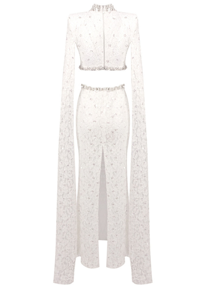 Cape Sleeve Crystal Lace Maxi Dress