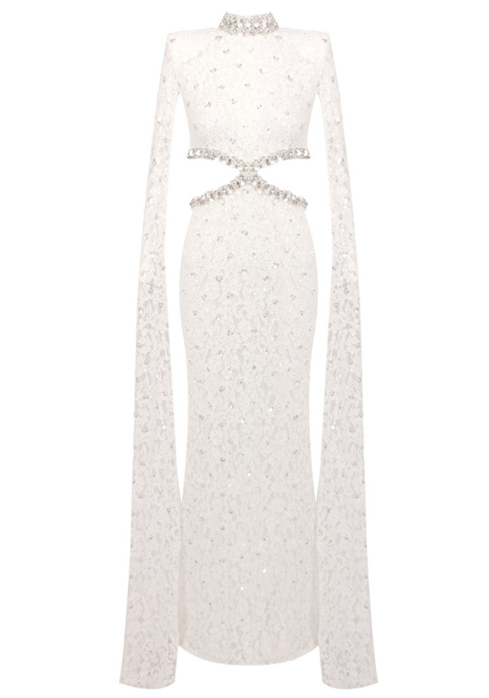 Cape Sleeve Crystal Lace Maxi Dress White 8