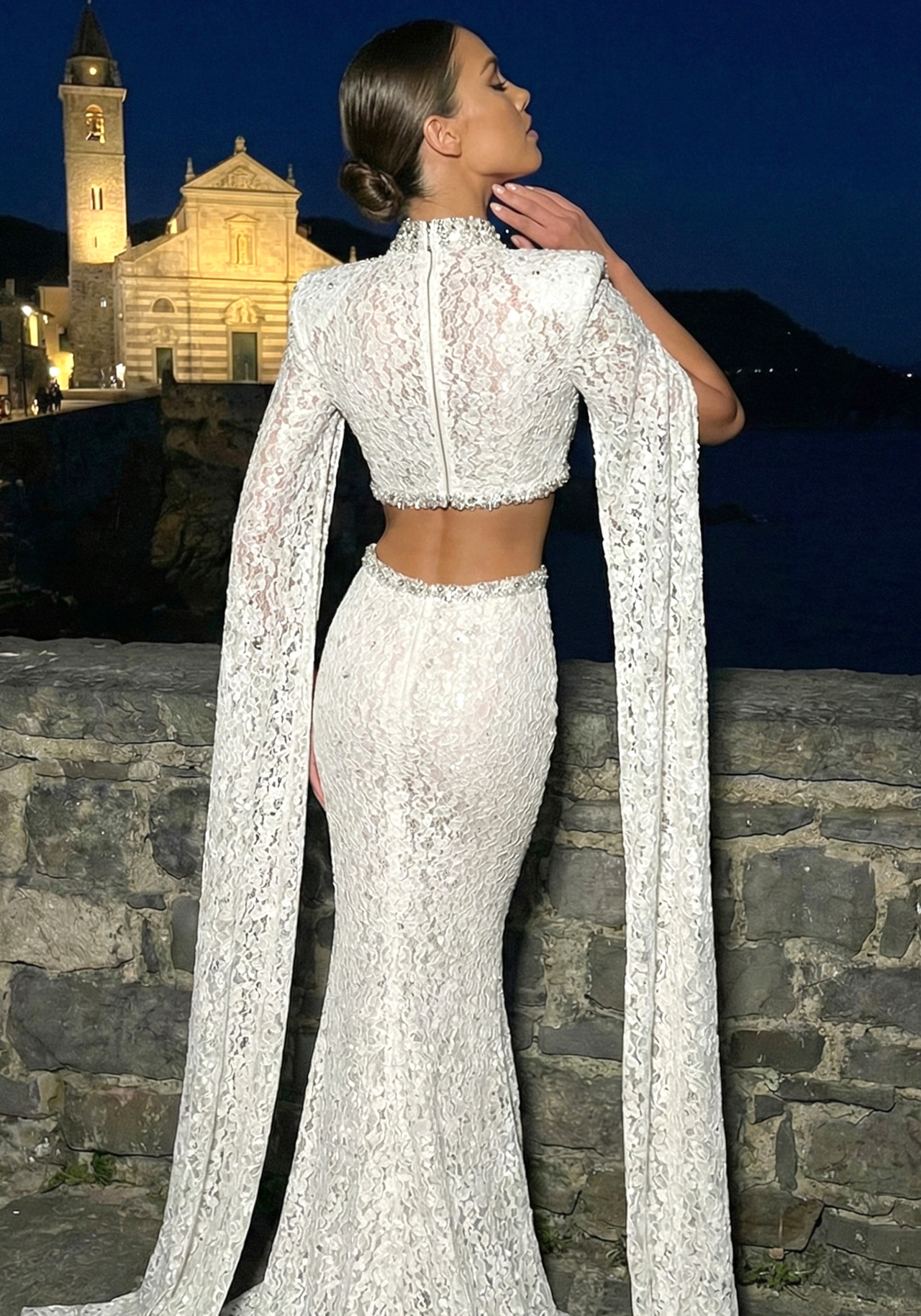 Cape Sleeve Crystal Lace Maxi Dress White 6