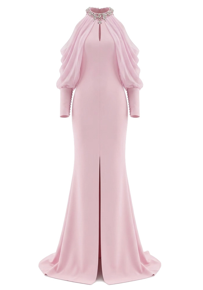 Halter Crystal Draped Maxi Dress Pink 9