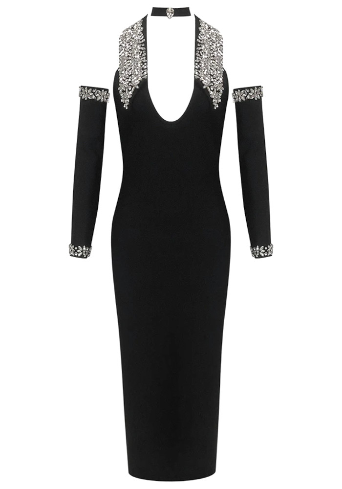 Halter Crystal Sleeves Midi Dress Black 10
