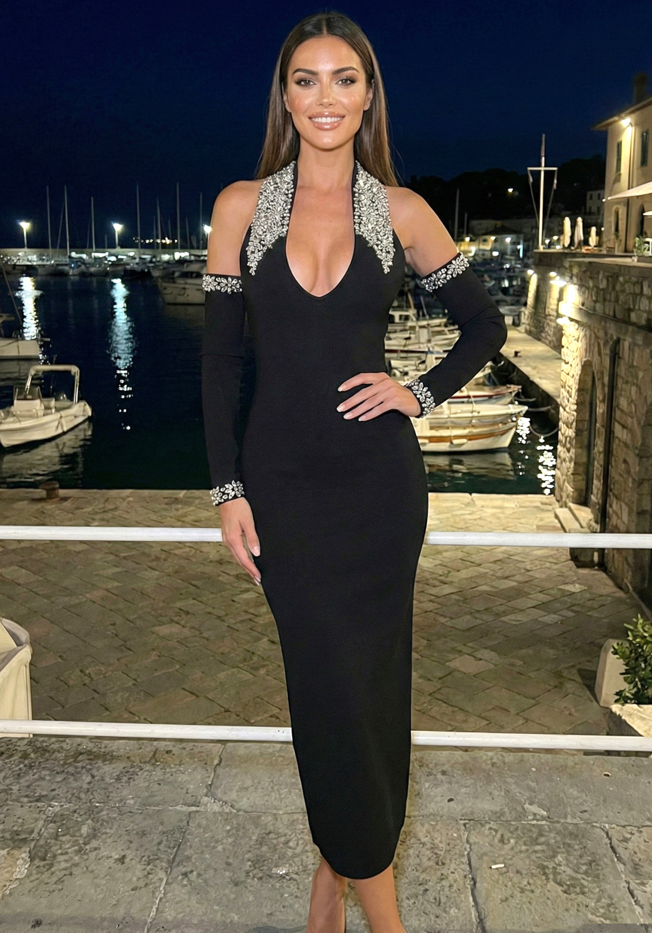 Halter Crystal Sleeves Midi Dress Black 6 Halter Crystal Sleeves Midi Dress Black 6