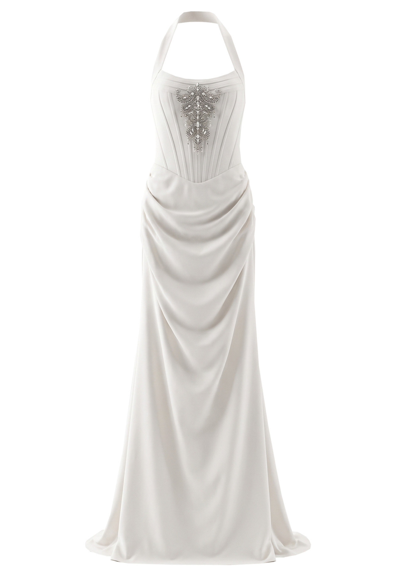 Halter Crystal Structured Draped Maxi Dress White 9