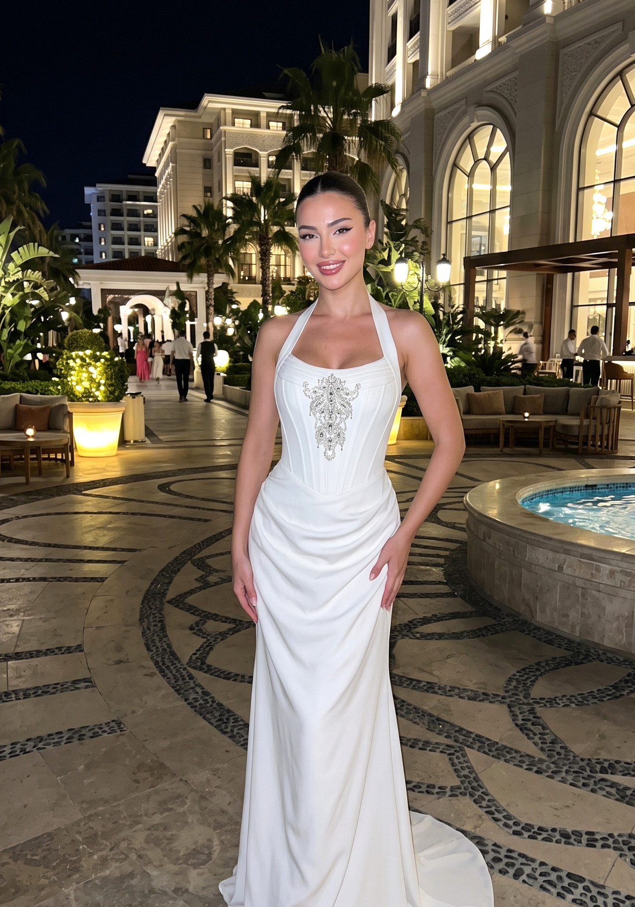Halter Crystal Structured Draped Maxi Dress White 6 Halter Crystal Structured Draped Maxi Dress White 6
