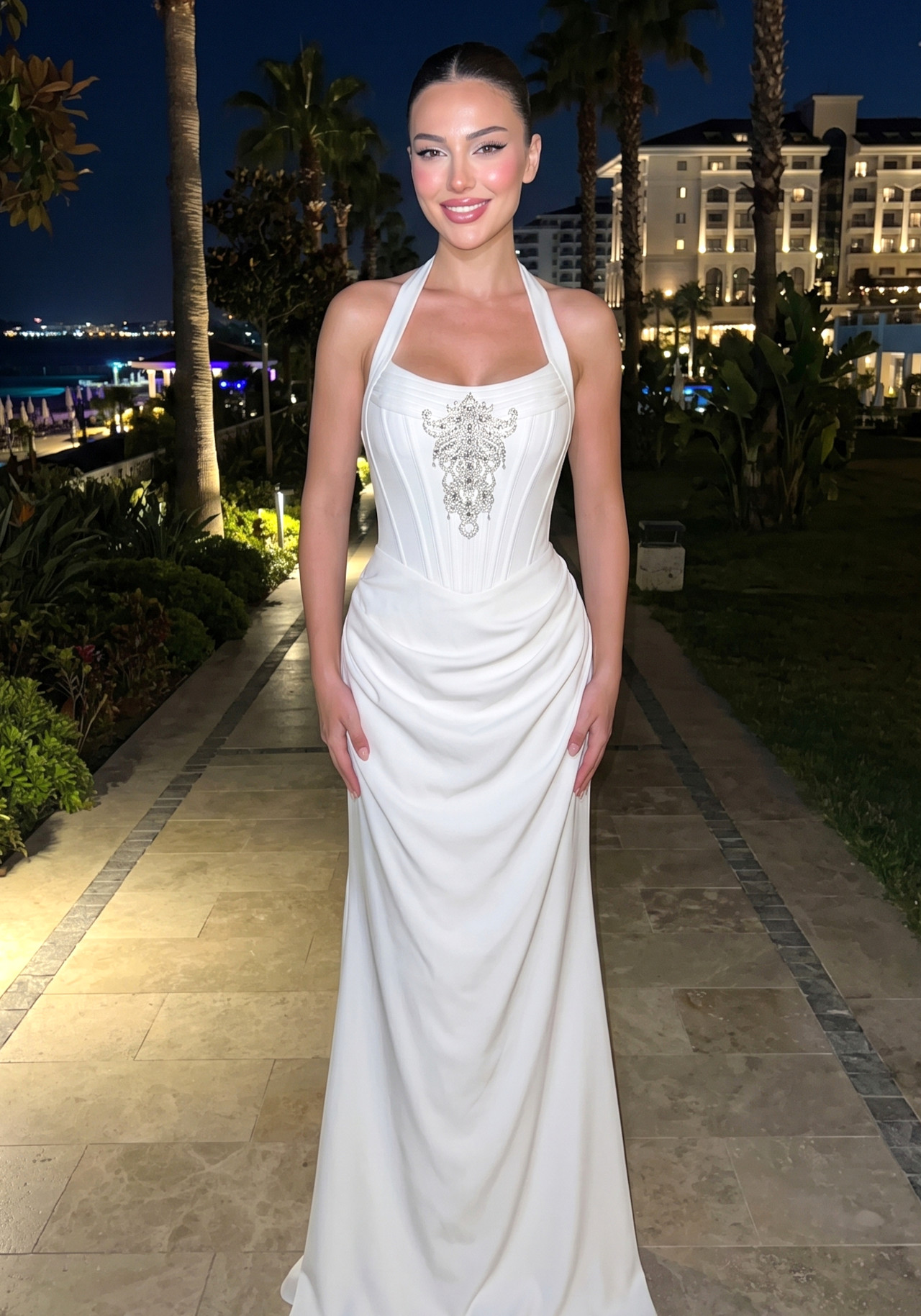 Halter Crystal Structured Draped Maxi Dress White 1 Halter Crystal Structured Draped Maxi Dress White 1