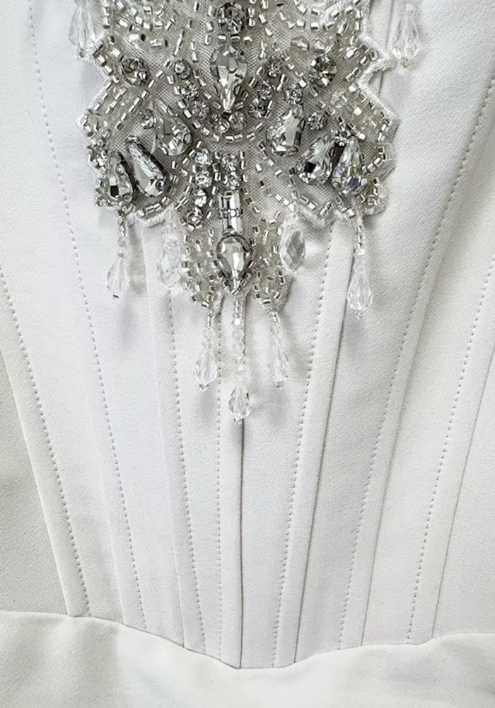 Halter Crystal Structured Draped Maxi Dress White 10