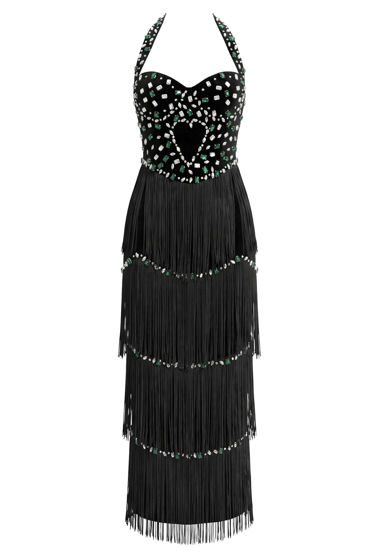 Halter Crystal Tassel Maxi Dress Black 10