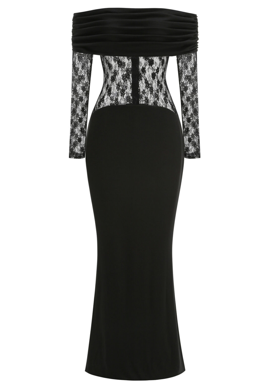 Lace Long Sleeve Draped Bardot Maxi Dress