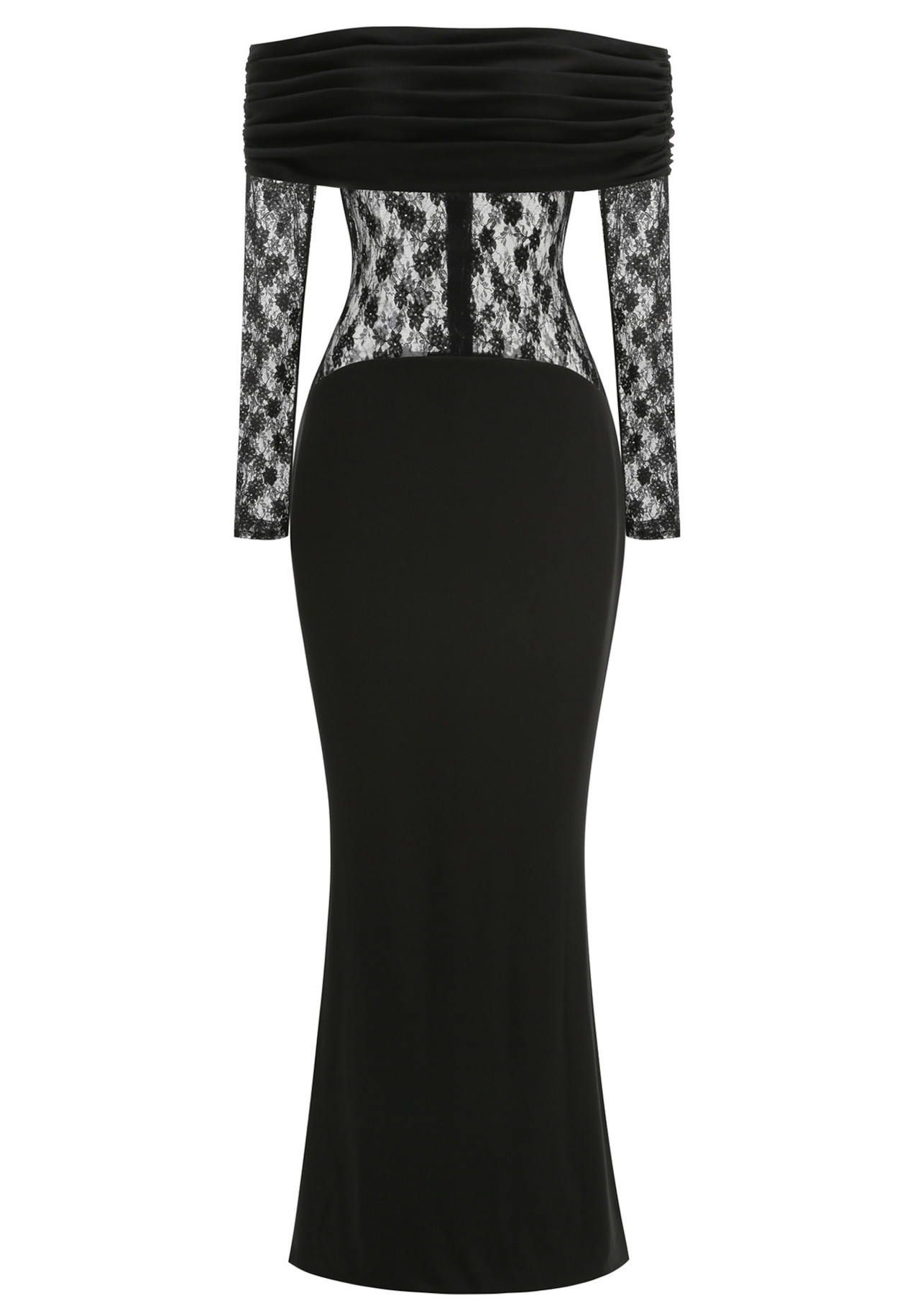 Lace Long Sleeve Draped Bardot Maxi Dress Black 9