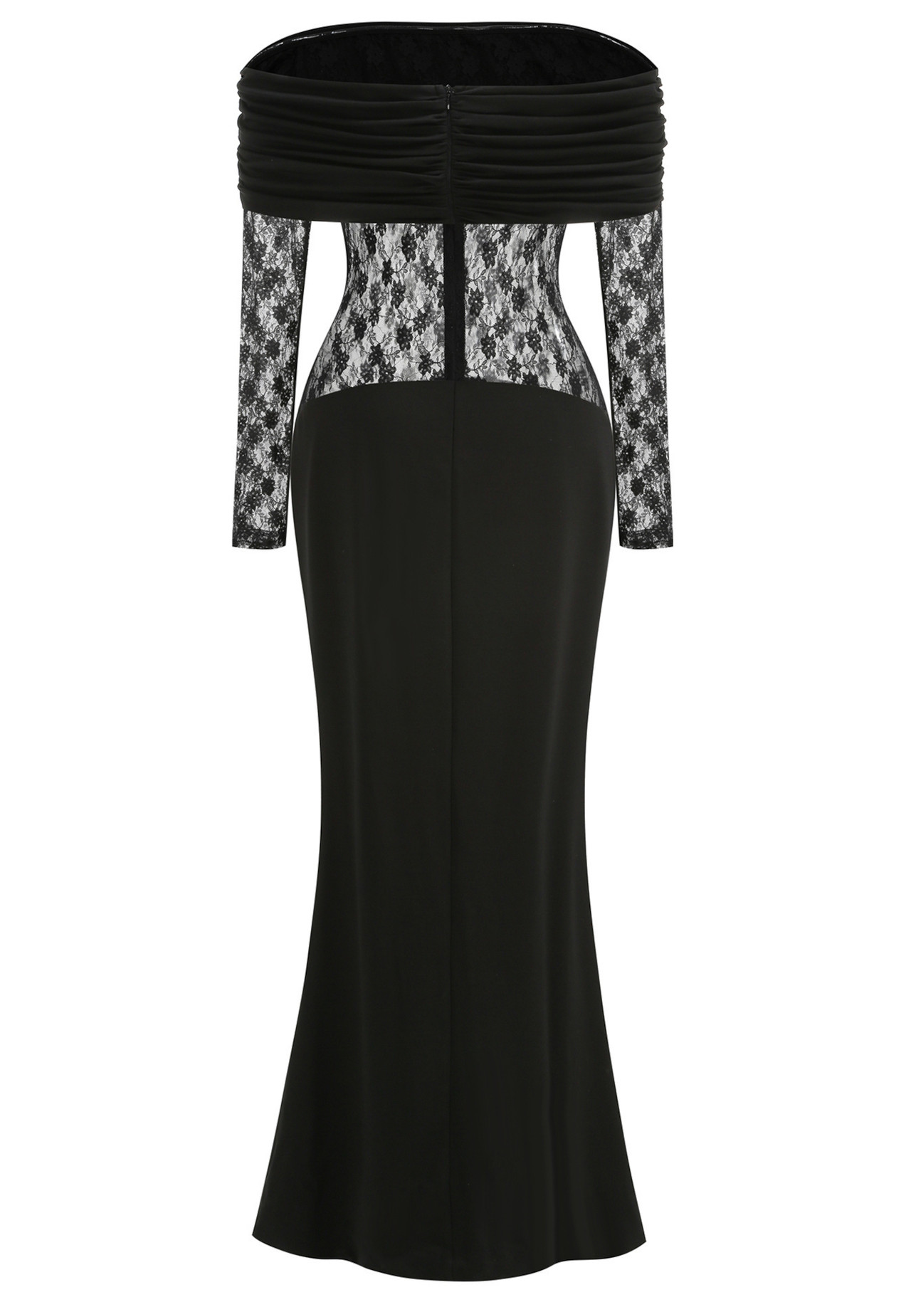 Lace Long Sleeve Draped Bardot Maxi Dress Black 10