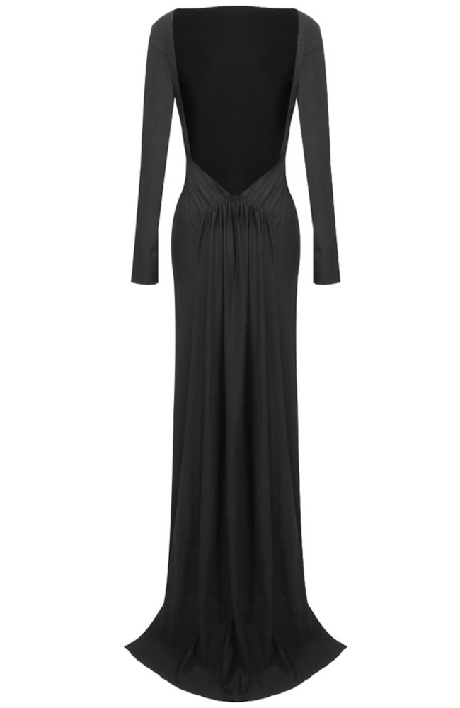 Long Sleeve Draped Backless Maxi Dress Black 10