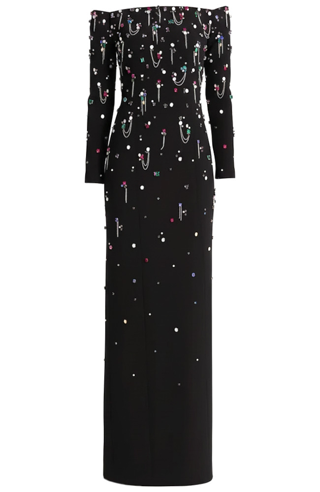 Long Sleeve Bardot Crystal Chain Detail Maxi Dress