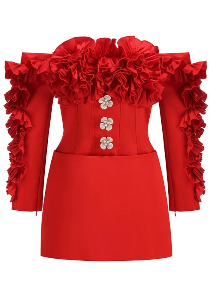 Long Sleeve Bardot Ruffle Dress Red 8