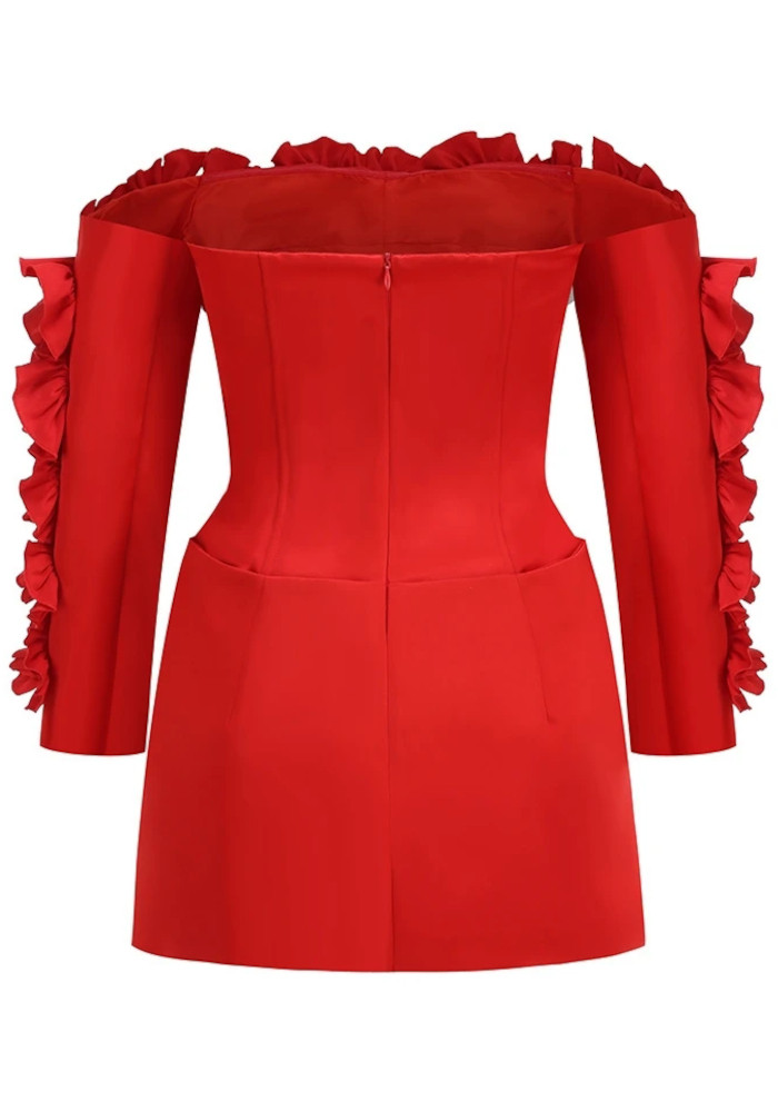 Long Sleeve Bardot Ruffle Dress Red 9 Long Sleeve Bardot Ruffle Dress Red 9