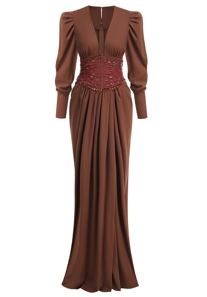 Long Sleeve Beaded Waist Maxi Dress Brown 9