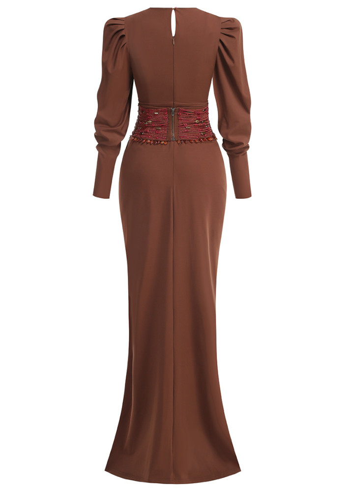 Long Sleeve Beaded Waist Maxi Dress Brown 10