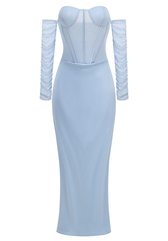 Long Sleeve Draped Mesh Bustier Maxi Dress