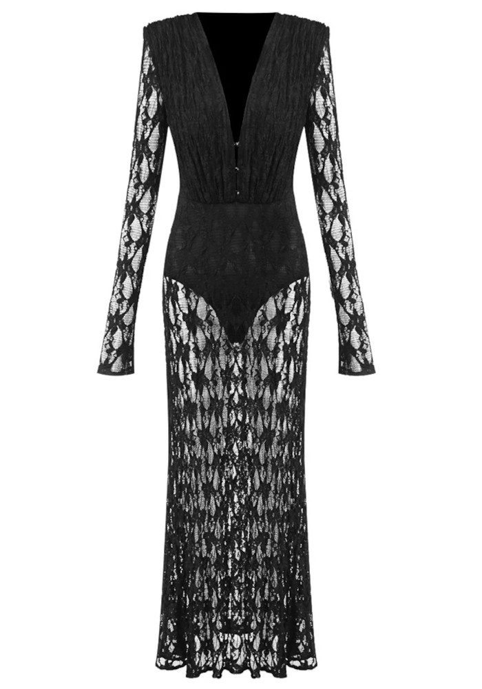 Long Sleeve Ruched Crochet Maxi Dress Black 8