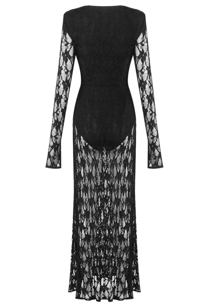 Long Sleeve Ruched Crochet Maxi Dress Black 9