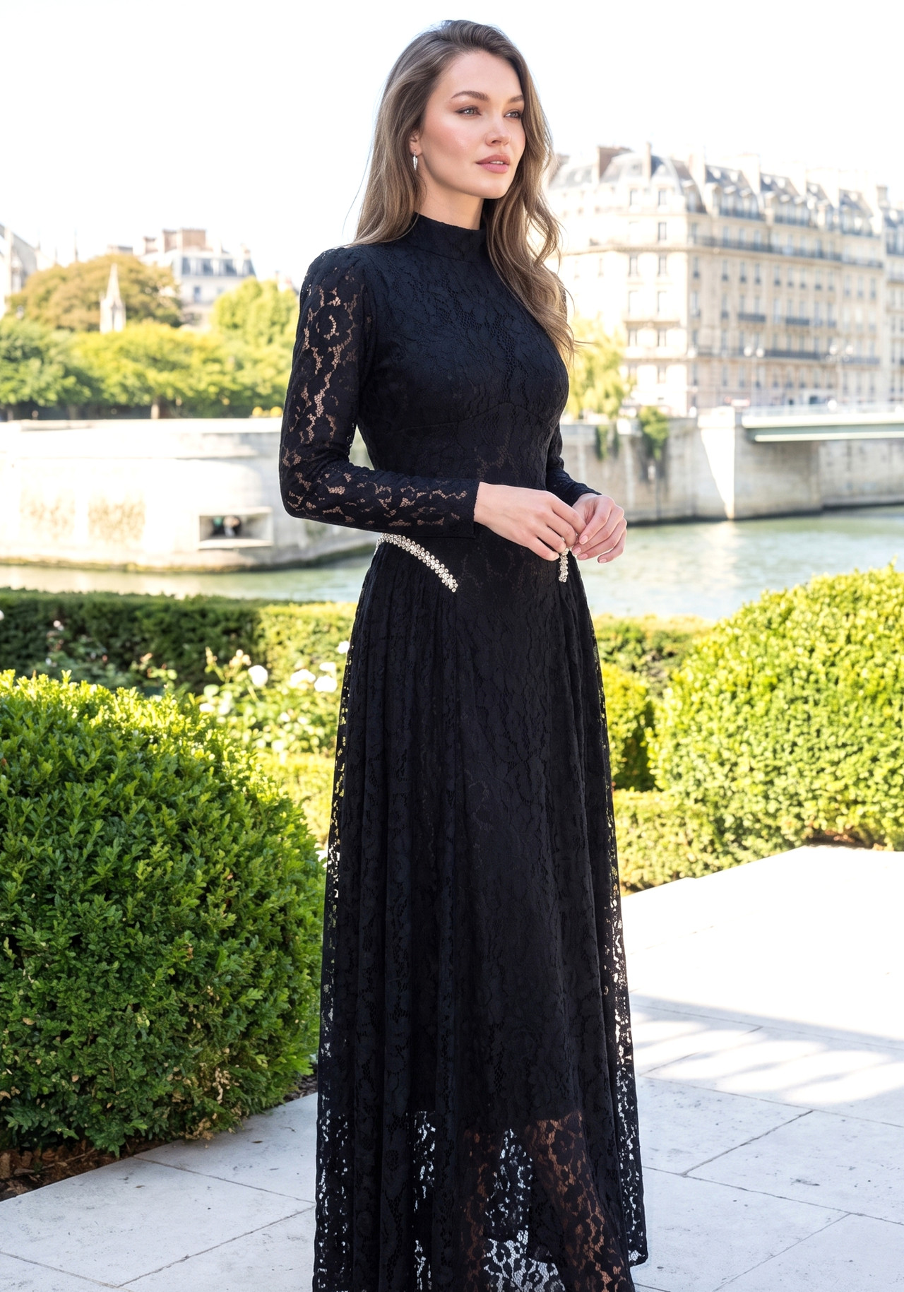 Long Sleeve Crystal Detail A Line Lace Maxi Dress Black 4 Long Sleeve Crystal Detail A Line Lace Maxi Dress Black 4