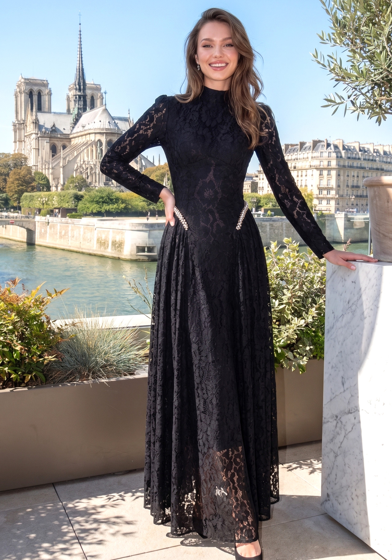 Long Sleeve Crystal Detail A Line Lace Maxi Dress Black 2 Long Sleeve Crystal Detail A Line Lace Maxi Dress Black 2