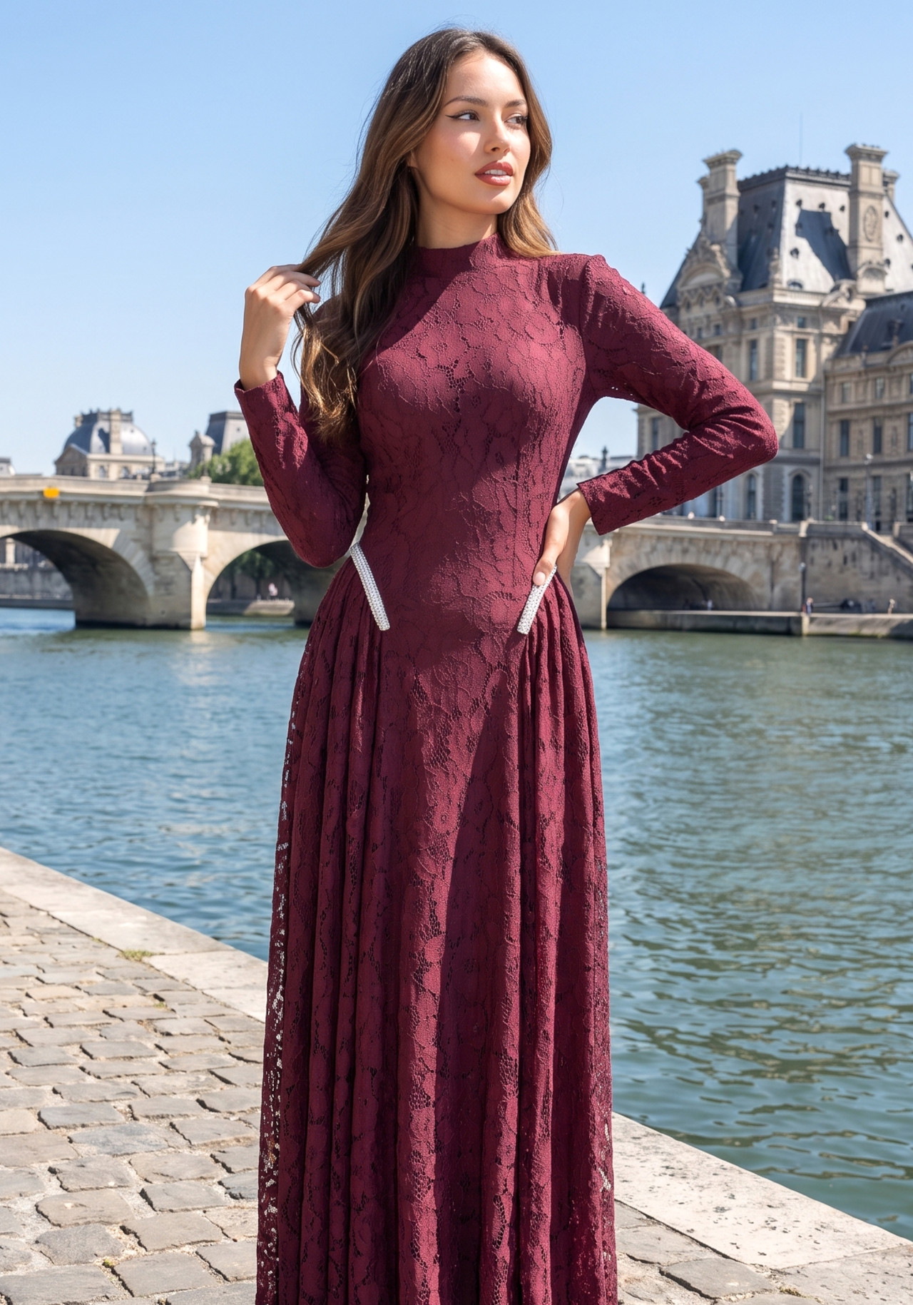 Long Sleeve Crystal Detail A Line Lace Maxi Dress Burgundy 1 Long Sleeve Crystal Detail A Line Lace Maxi Dress Burgundy 1