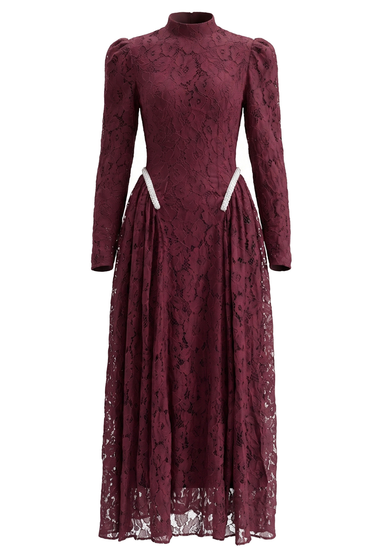 Long Sleeve Crystal Detail A Line Lace Maxi Dress Burgundy 9