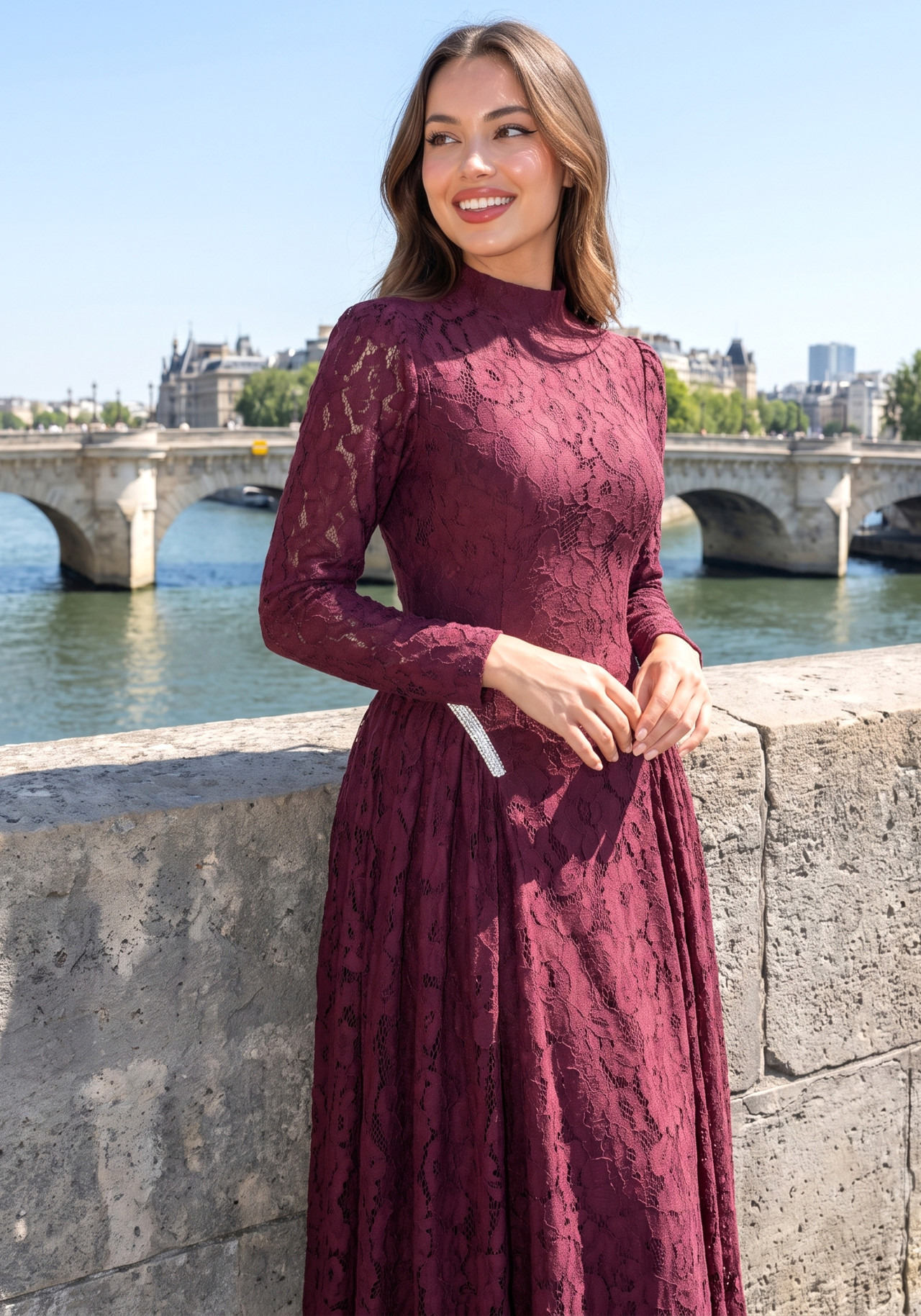 Long Sleeve Crystal Detail A Line Lace Maxi Dress Burgundy 2 Long Sleeve Crystal Detail A Line Lace Maxi Dress Burgundy 2