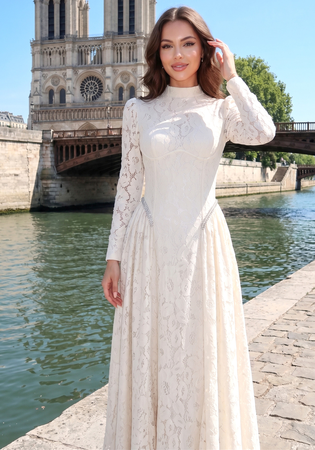 Long Sleeve Crystal Detail A Line Lace Maxi Dress Ivory 1 Long Sleeve Crystal Detail A Line Lace Maxi Dress Ivory 1