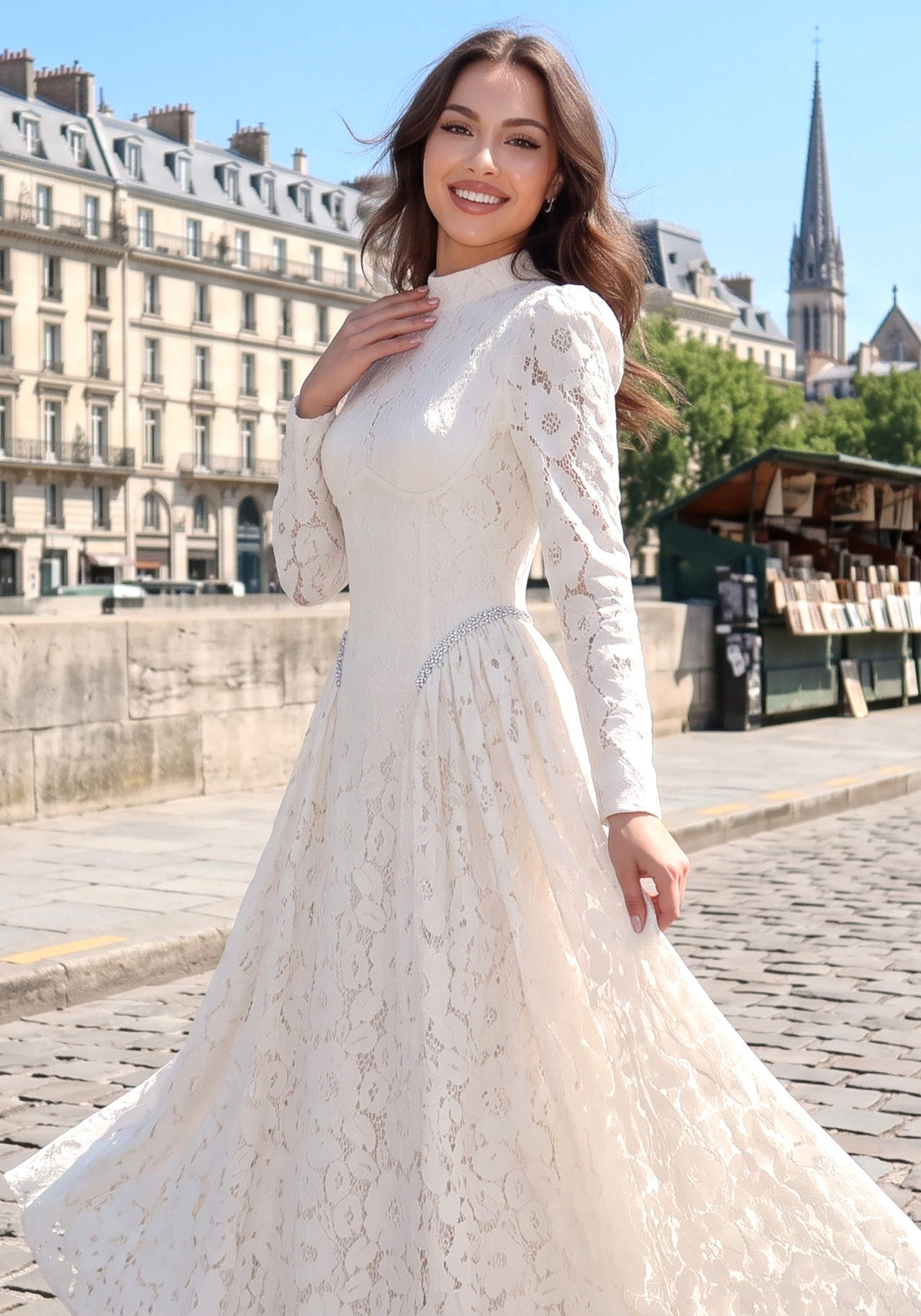 Long Sleeve Crystal Detail A Line Lace Maxi Dress Ivory 3 Long Sleeve Crystal Detail A Line Lace Maxi Dress Ivory 3