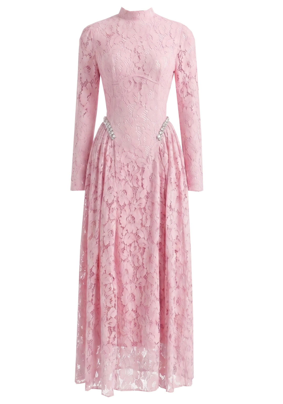 Long Sleeve Crystal Detail A Line Lace Maxi Dress