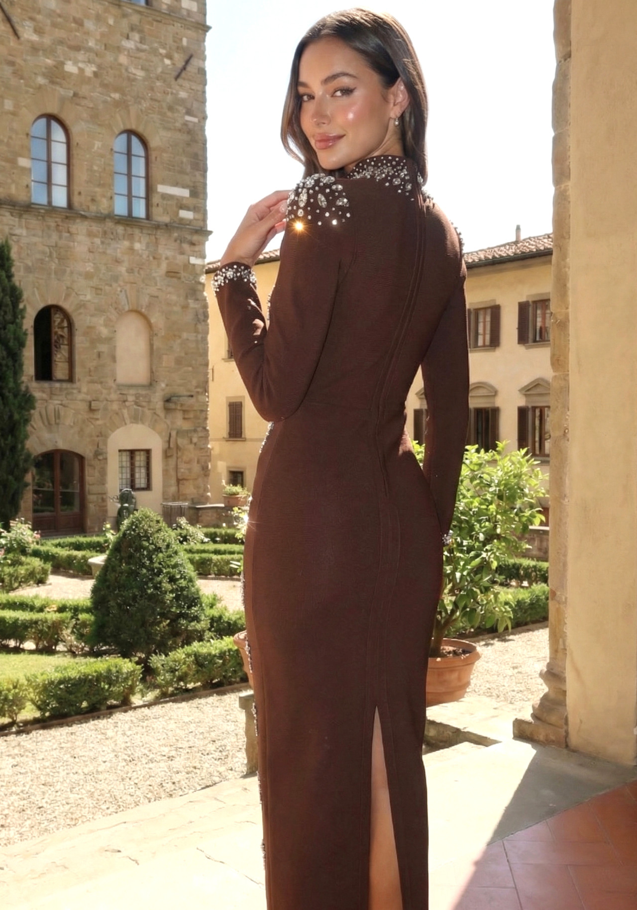 Long Sleeve Crystal Embellished Maxi Dress Brown 6 Long Sleeve Crystal Embellished Maxi Dress Brown 6