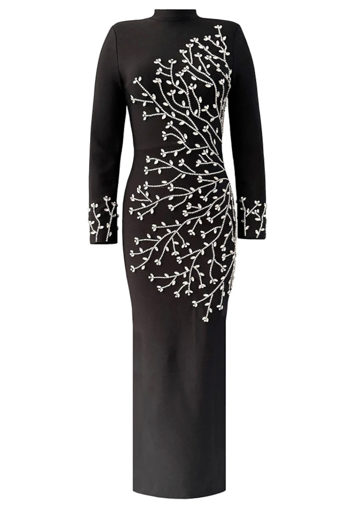 Long Sleeve Crystal Branch Detail Maxi Dress