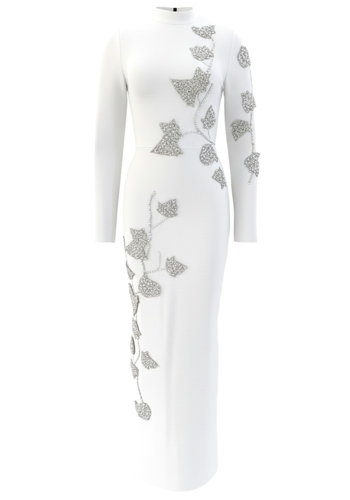 Long Sleeve Floral Crystal Maxi Dress