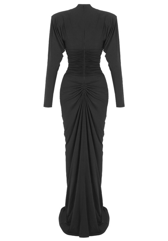Long Sleeve Crystal Front Draped Maxi Dress Black 7