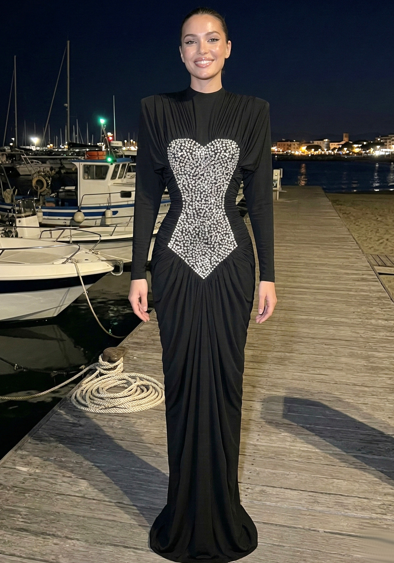 Long Sleeve Crystal Front Draped Maxi Dress Black 1 Long Sleeve Crystal Front Draped Maxi Dress Black 1