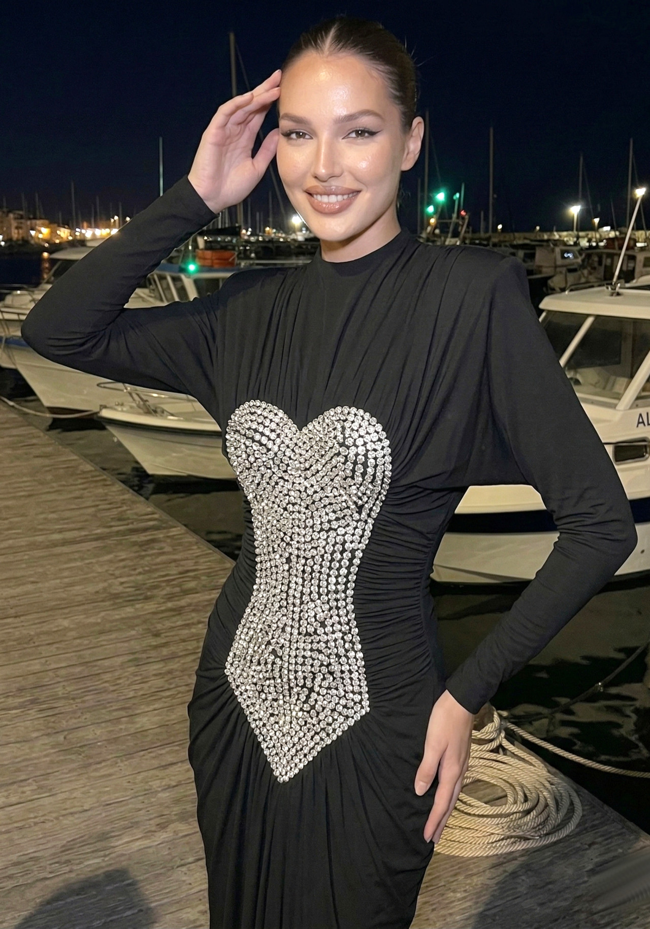 Long Sleeve Crystal Front Draped Maxi Dress Black 2 Long Sleeve Crystal Front Draped Maxi Dress Black 2