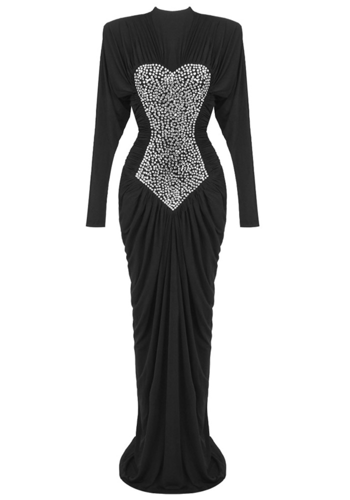 Long Sleeve Crystal Front Draped Maxi Dress Black 6