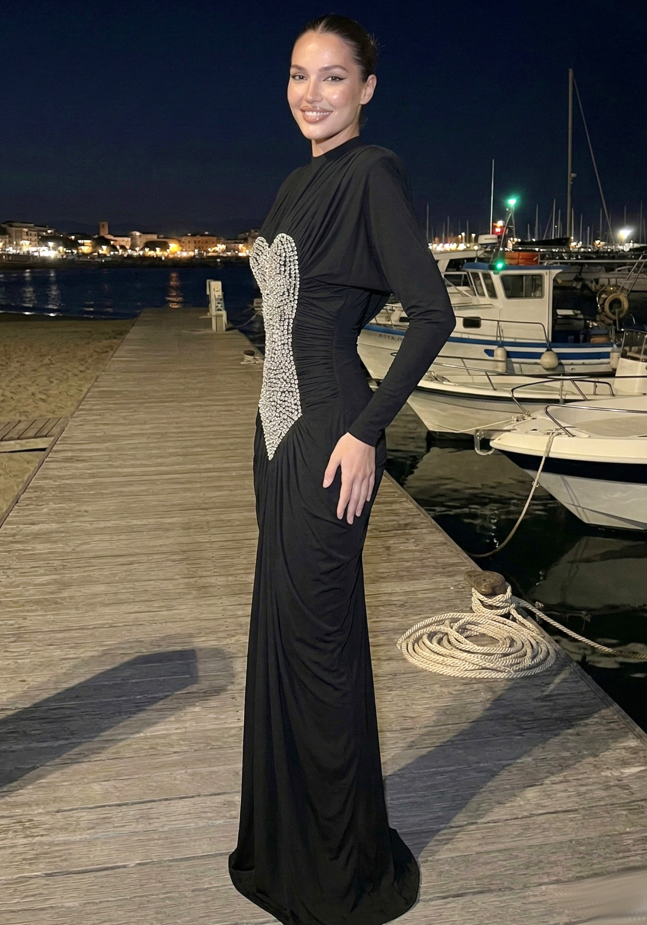 Long Sleeve Crystal Front Draped Maxi Dress Black 3 Long Sleeve Crystal Front Draped Maxi Dress Black 3