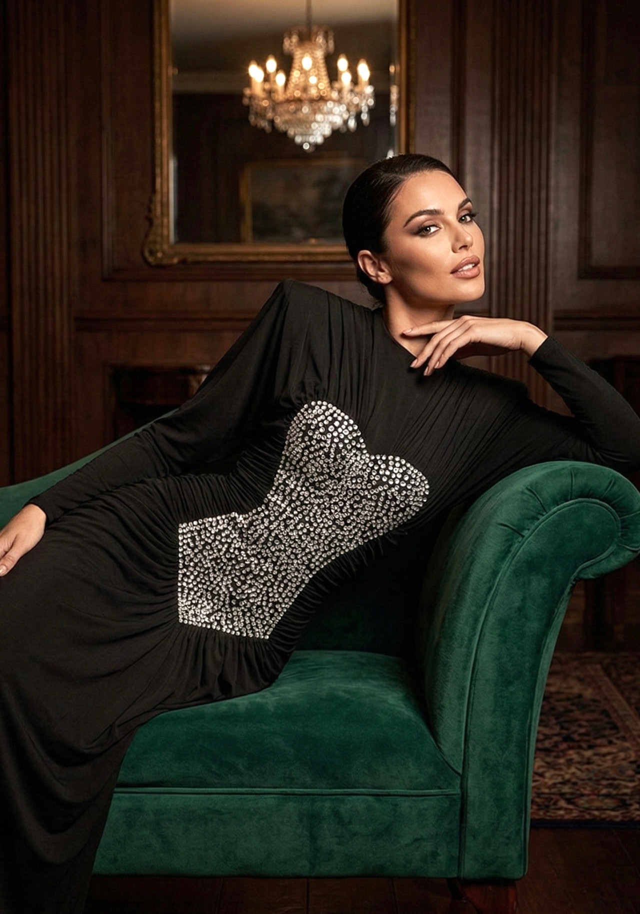 Long Sleeve Crystal Front Draped Maxi Dress Black 4 Long Sleeve Crystal Front Draped Maxi Dress Black 4