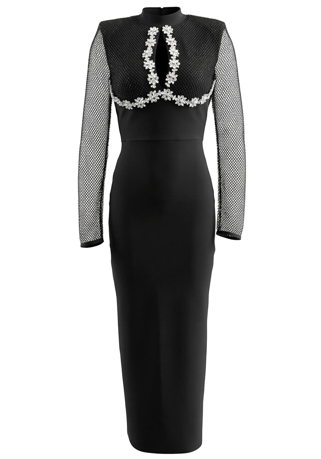 Long Sleeve Crystal Floral Detail Maxi Dress