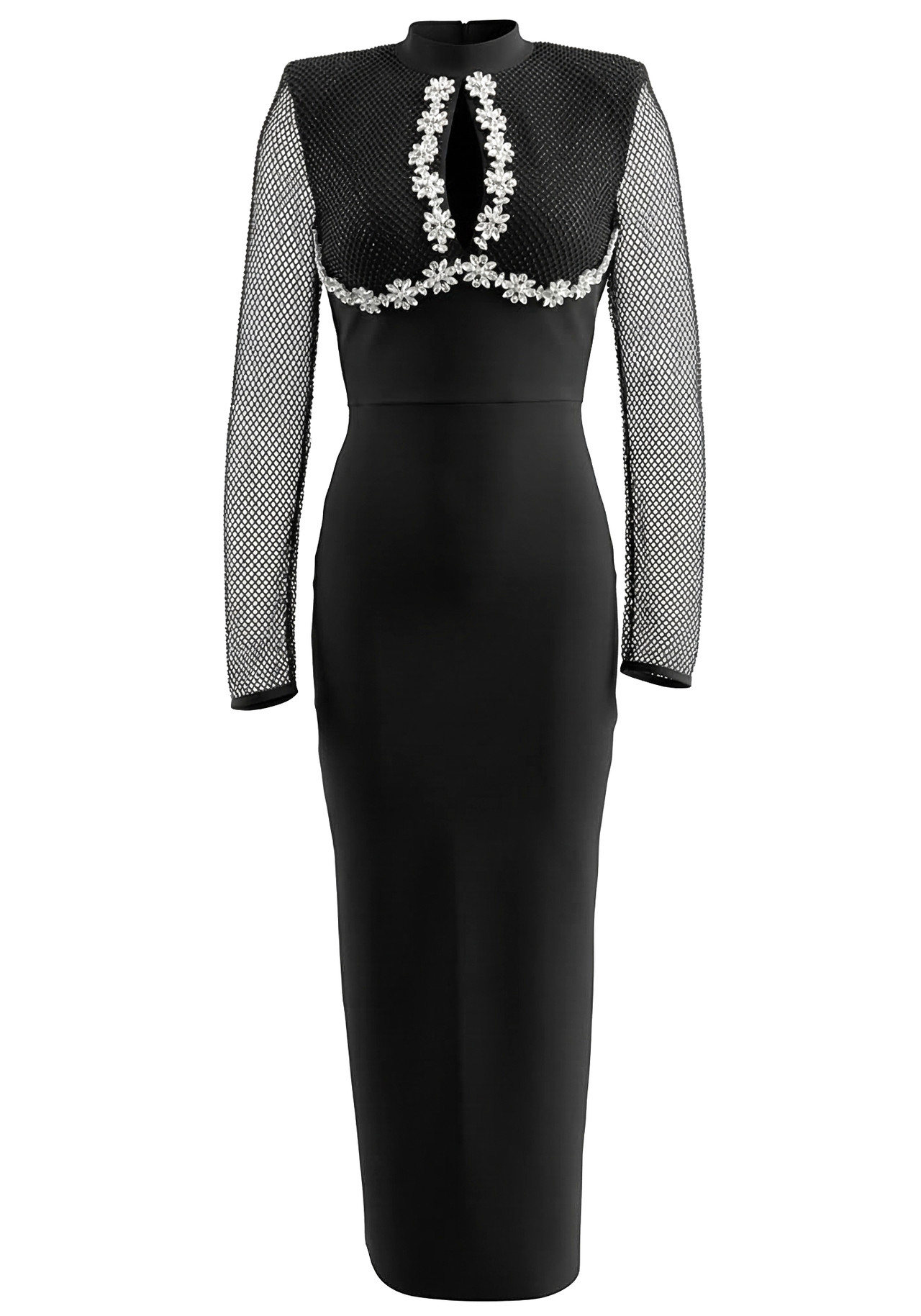 Long Sleeve Crystal Floral Detail Maxi Dress Black 6