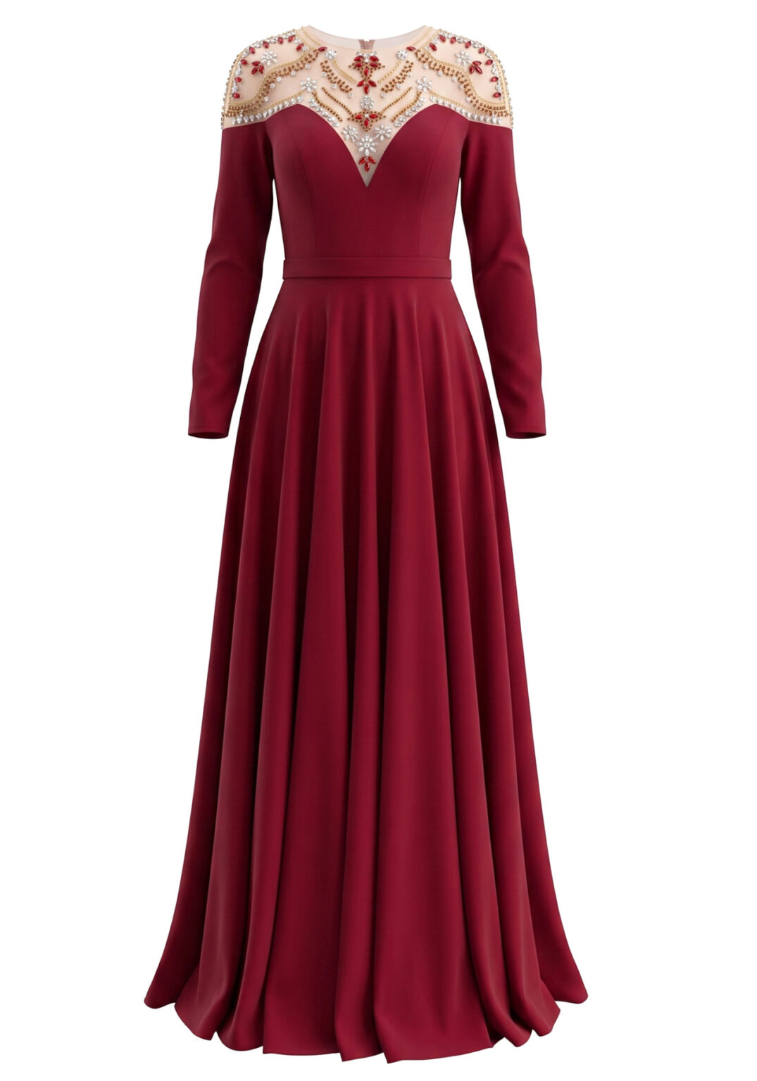 Long Sleeve Crystal Mesh A Line Maxi Dress