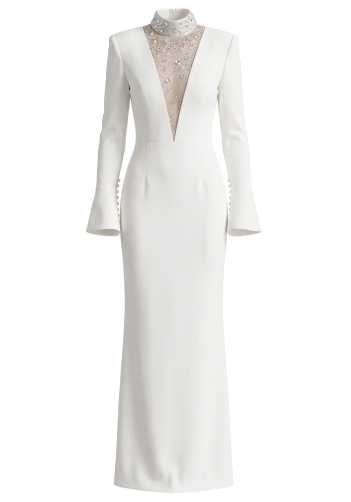 Long Sleeve Crystal Mesh Maxi Dress White 9