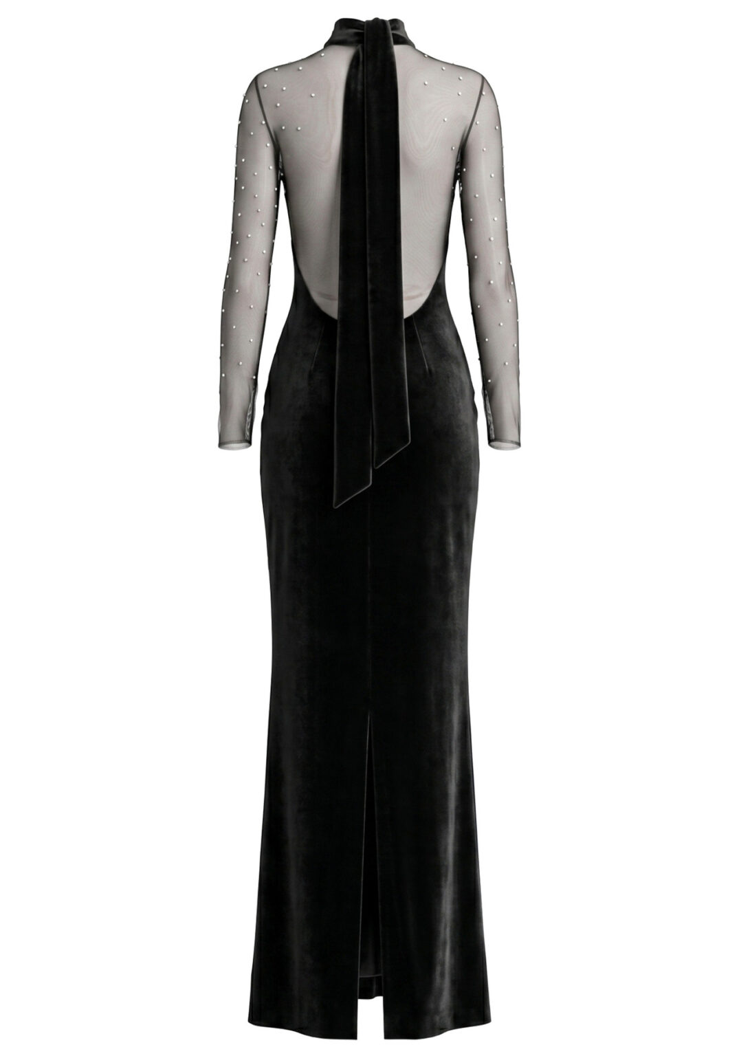 Long Sleeve Crystal Mesh Maxi Velvet Dress