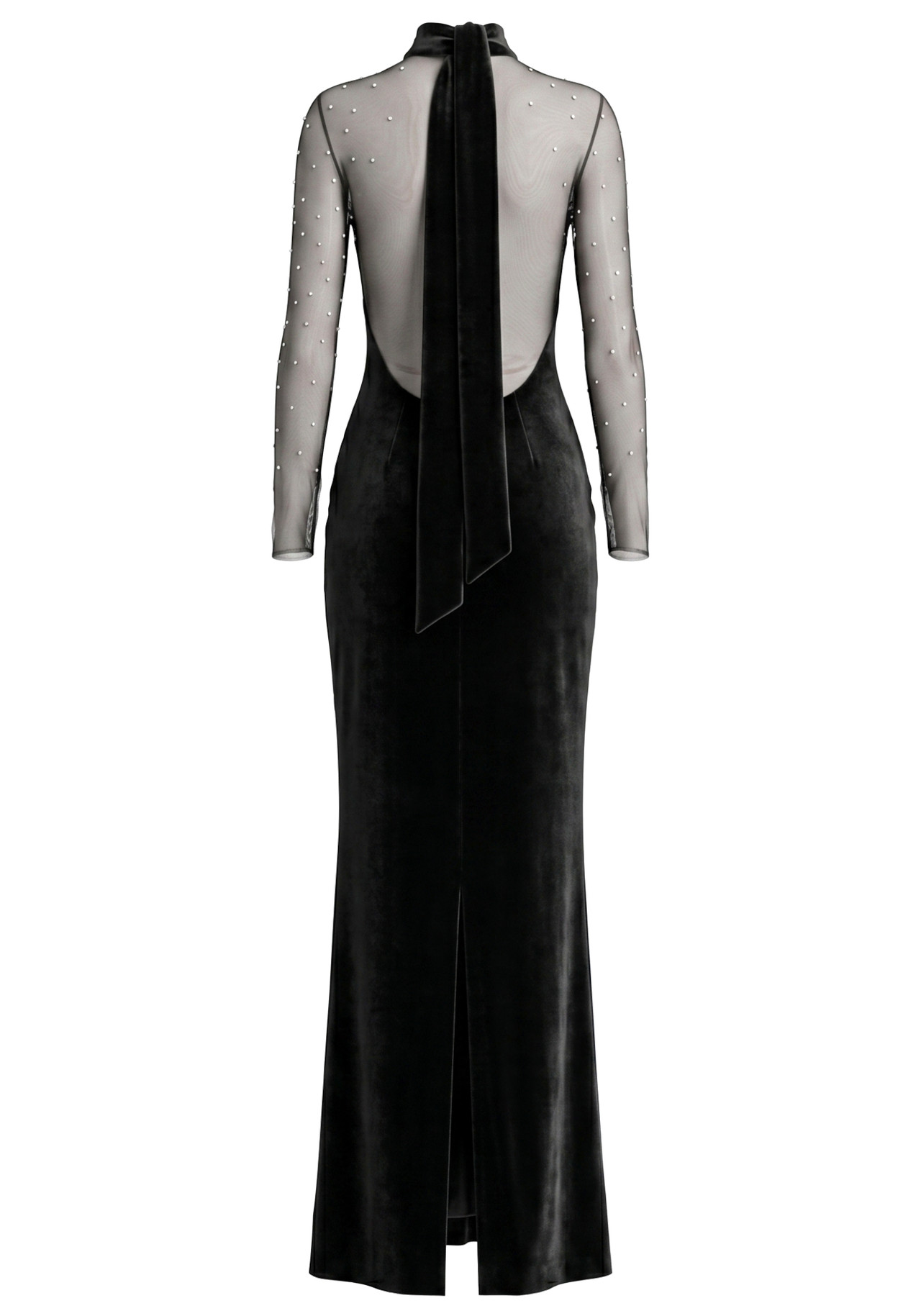 Long Sleeve Crystal Mesh Maxi Velvet Dress Black 10