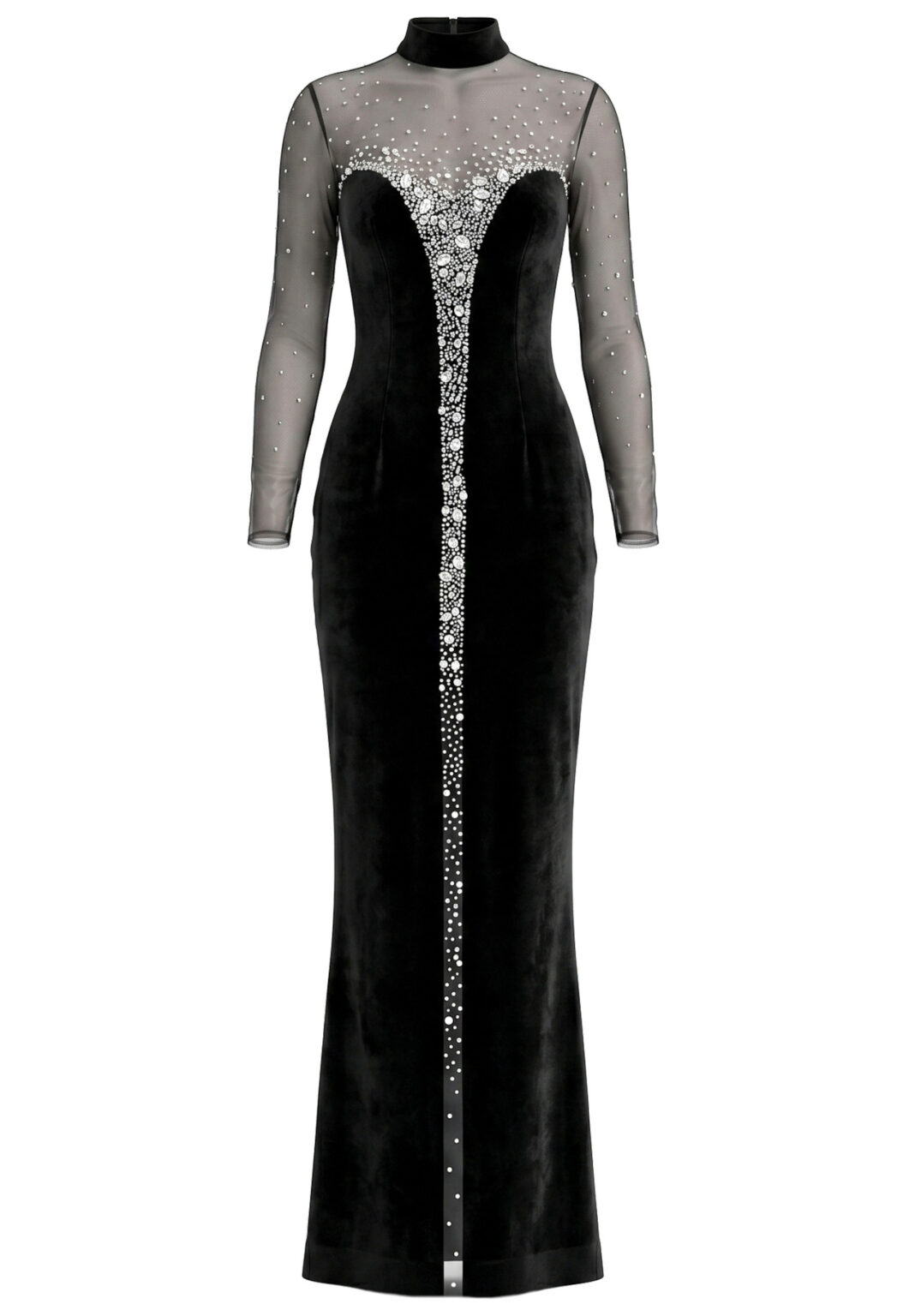 Long Sleeve Crystal Mesh Maxi Velvet Dress
