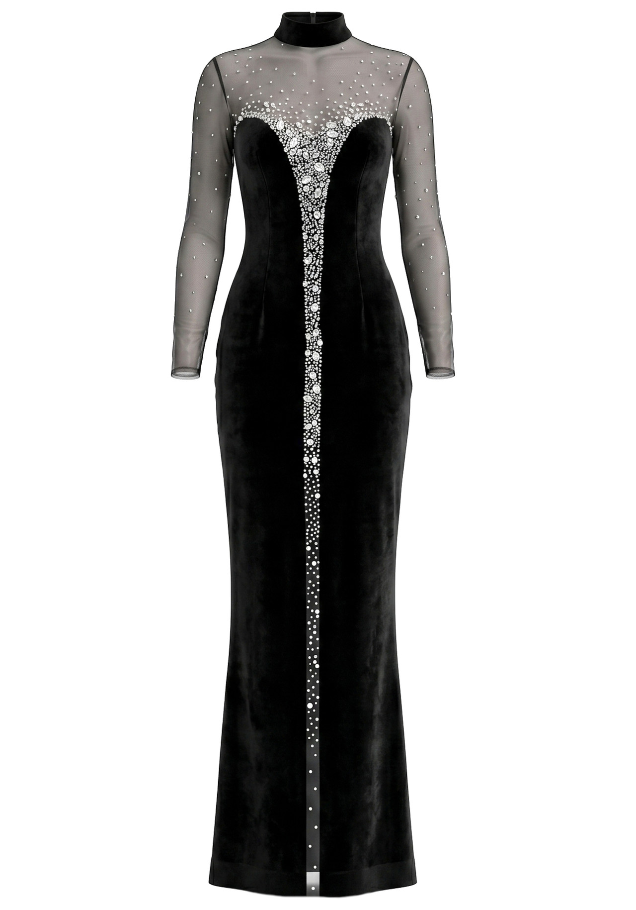 Long Sleeve Crystal Mesh Maxi Velvet Dress Black 8